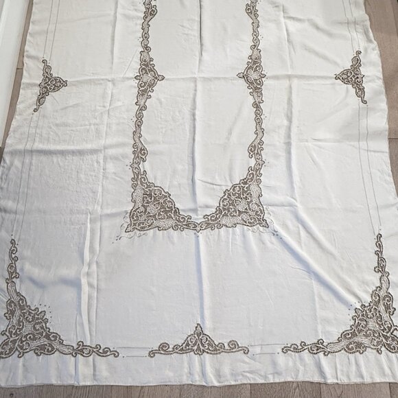 Battenburg Lace Tablecloth and 8 Napkins Linen Off White Beige Trim Vintage - Picture 7 of 16